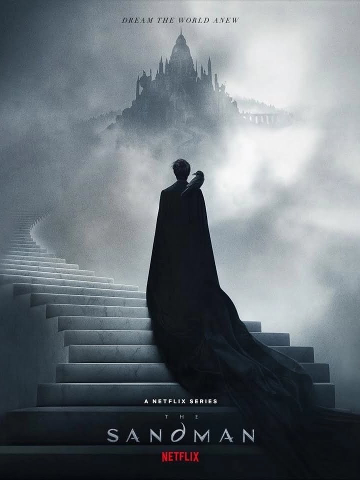 Poster The Sandman. Schwarze Figur steht auf einer Treppe die zu einer Burg führt.