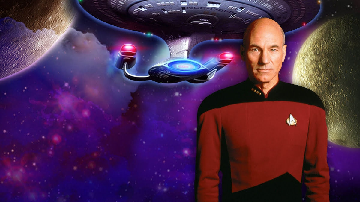 Ein Mann in roter Uniform. Im Hintergrund ein futuristisches Raumschiff und auf jeder Seite ein Planet.