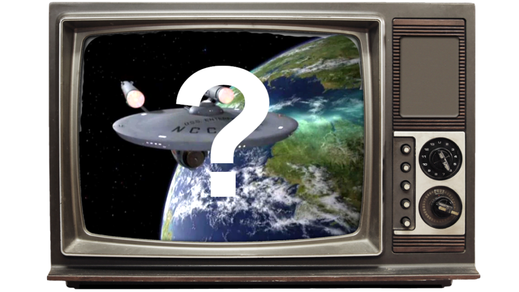 Alter Röhrenfernseher. Bild eines Raumschiffs darin und ein Fragezeichen. 