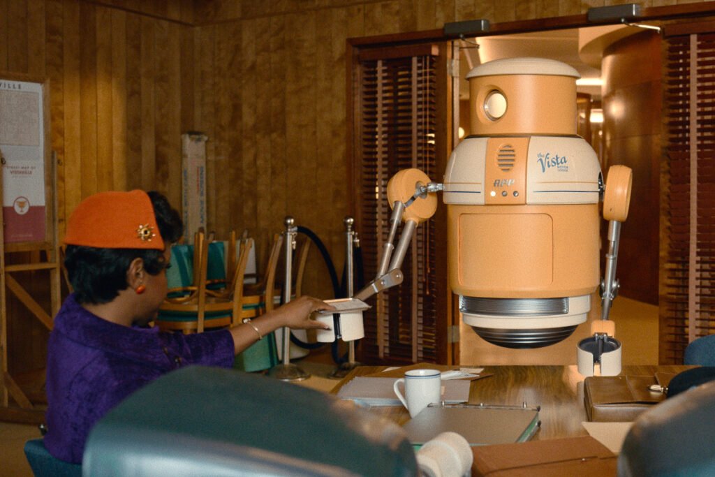Ein schwebender Roboter bedient in einem Restaurant eine Kundin.