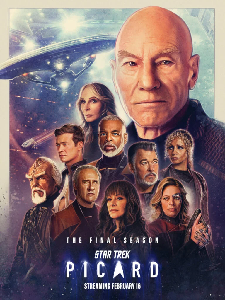 Serienposter mit Schriftzug. Die Hauptfiguren der Serie in Porträts. Picard darüber grösser. Im Hintergrund ein Raumschiff.