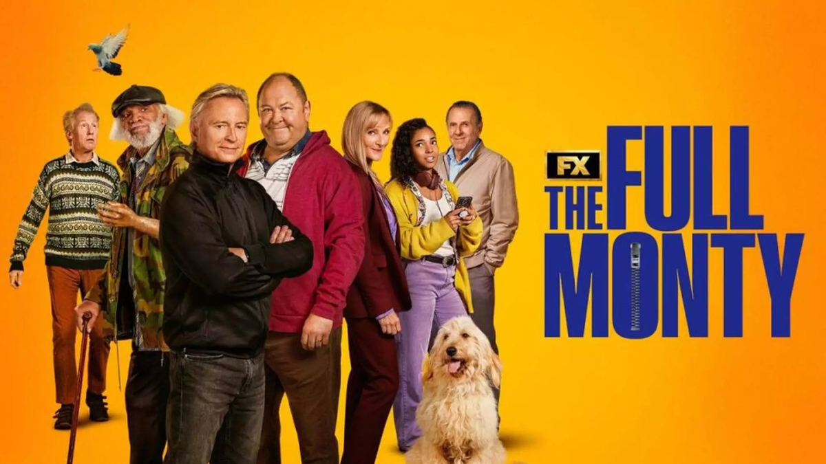 Serienposter mit Schriftzug. Die Hauptdarsteller:innen der Serie, fünf Männer, zwei Frauen, ein Hund, in Halbkörperansichten.