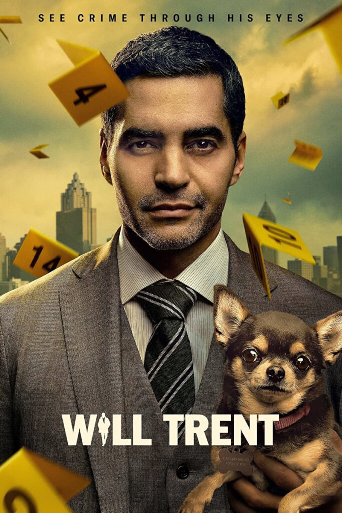 Serienposter mit Schriftzug. Ein Mann hält einen kleinen Hund im Arm. Durch das Bild wirbeln gelbe Schilder mit Zahlen.