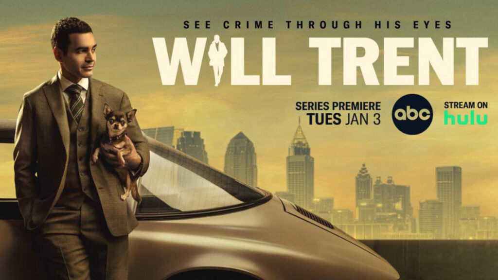 Serienposter mit Schriftzug. Ein Mann steht angelehnt an ein Auto, im Arm hält er einen kleinen Hund.