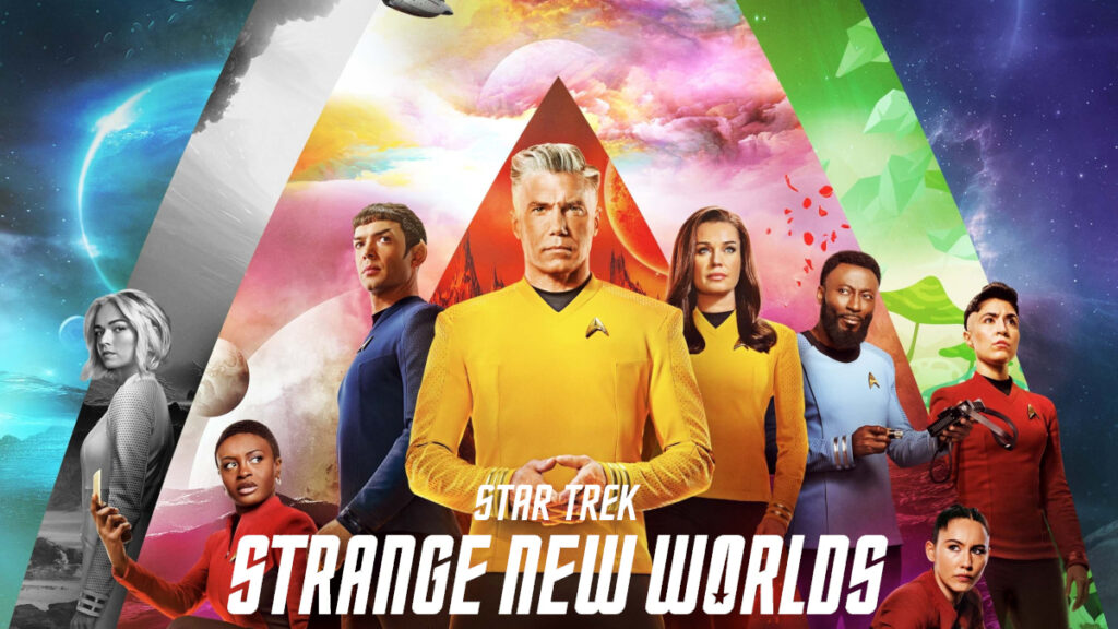 Serienposter mit Schriftzug. Die Crew des Raumschiffs vor einem Hintergrund mit Himmel, Planeten und der Enterprise.