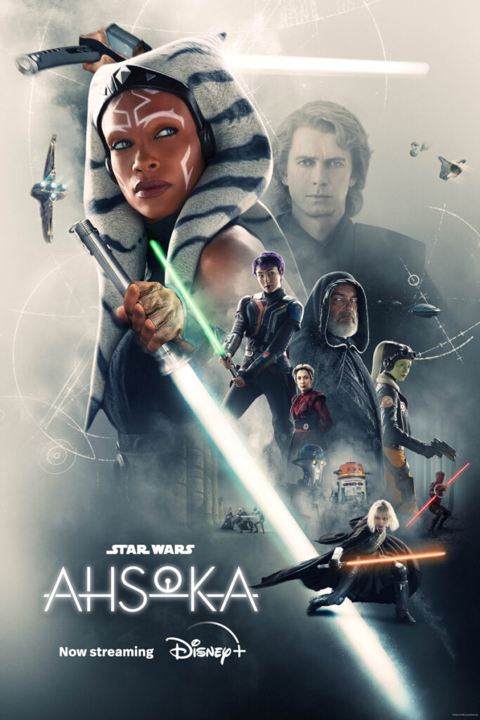 Serienposter mit Schriftzug. Verschiedene Figuren aus der Serie oft mit Laserschwertern in der Hand. Im Vordergrund die Jedi Ahsoka und neben ihr Anakin Skywalker.