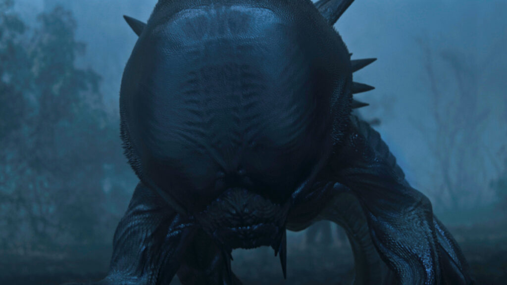 Unförmiges schwarzes Monster mit Stacheln auf den Seiten.