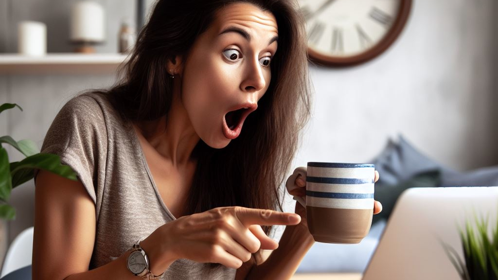 Eine Frau mit Kaffeetasse in der Hand zeigt staunend auf ihren Laptopbildschirm.