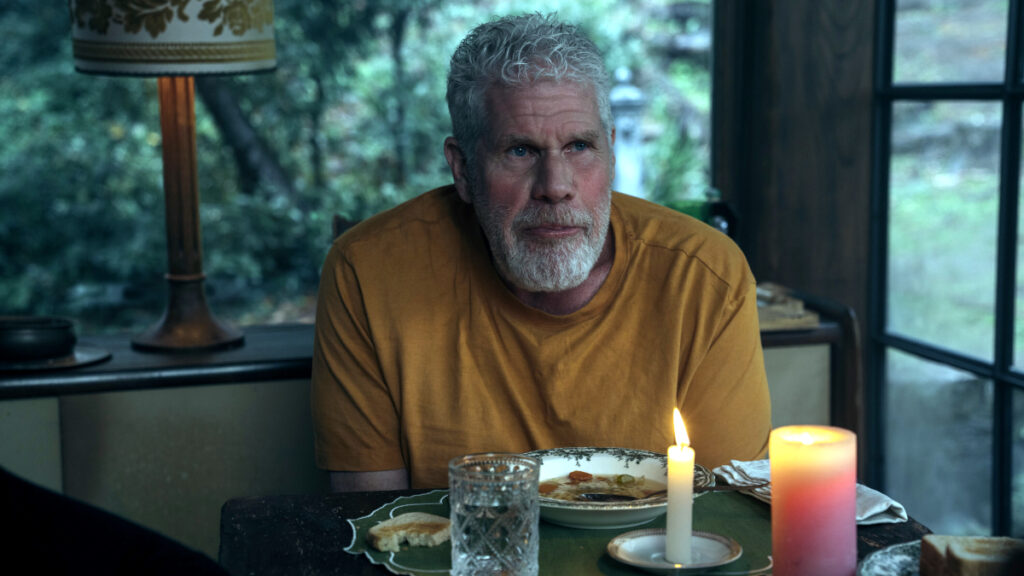 Ein Mann mit grauem Haar und Bart sitzt an einem Tisch mit Essen vor sich.
