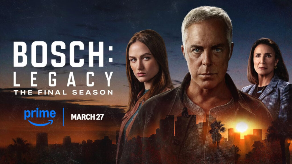 Serienposter mit Schriftzug: In der Mitte steht ein älterer Mann mit grauem Haar und ernstem Blick – Harry Bosch, der Hauptcharakter. Links von ihm steht eine junge Frau mit langen braunen Haaren, ebenfalls mit ernstem Ausdruck – Boschs Tochter, Maddie. Rechts steht eine Frau mittleren Alters mit dunklem Haar in einem karierten Blazer – die Anwältin Honey Chandler. Der Hintergrund zeigt eine dunkle Skyline von Los Angeles bei Sonnenuntergang, mit Palmen und Hochhäusern.