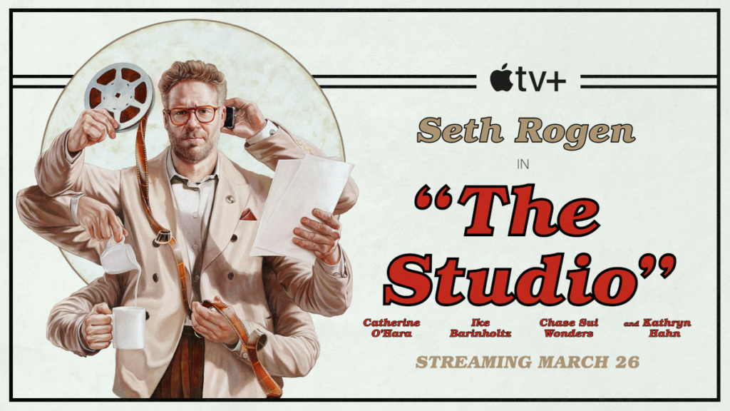Serienposter mit Schriftzug. Hauptdarsteller Seth Rogen jongliert mit seinen sechs Armen gleichzeitig eine Filmrolle, hält ein Handy ans Ohr, Papier in der Hand und schenkt sich Kaffe in eine Tasse ein.