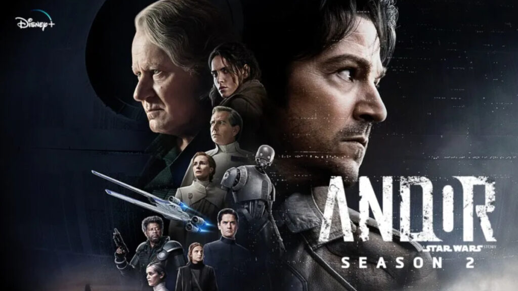 Serienposter mit Schriftzug. Im Zentrum des Bildes ist der Hauptcharakter Cassian Andor mit ernstem Blick nach rechts dargestellt. Rund um ihn sind weitere wichtige Figuren der Serie gruppiert, darunter Mon Mothma, Luthen Rael, Bix Caleen, Syril Karn und der Droide K-2SO. Im Hintergrund ist die Silhouette des Todessterns zu sehen, darüber ein dunkler, sternenübersäter Weltraum.