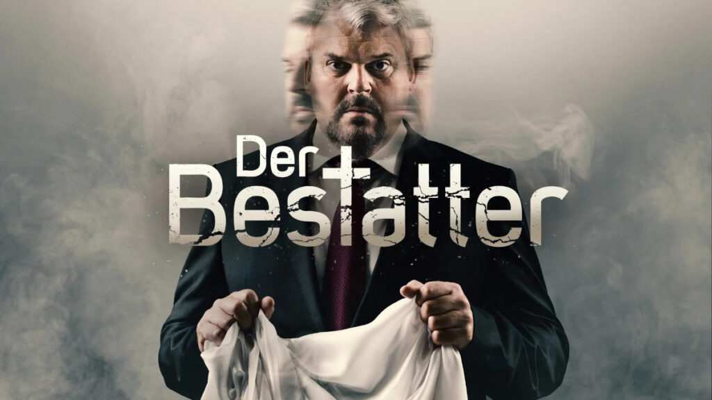 Serienposter mit Schriftzug. Ein Mann mit weissem Tuch in der Hand. Rauch im Hintergrund.