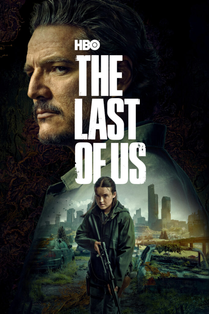 Serienposter mit Schriftzug. Oben das ernste Gesicht eines bärtigen Mannes in Nahaufnahme. Unten eine junge Frau mit ernster Miene und einem Gewehr in der Hand auf einer überwucherten, zerstörten Strasse. Im Hintergrund verfallene Autos und eine vom Pflanzenbewuchs überzogene Stadtlandschaft mit hohen, beschädigten Gebäuden.
