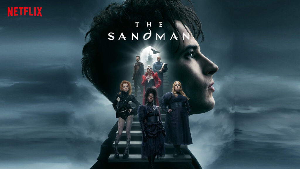 Serienposter mit Schriftzug. Porträt eines Mannes, der nach rechts blickt.Eine Treppe führt zum Mittelpunkt seines Kopfes, auf der verschiedene Figuren stehen.