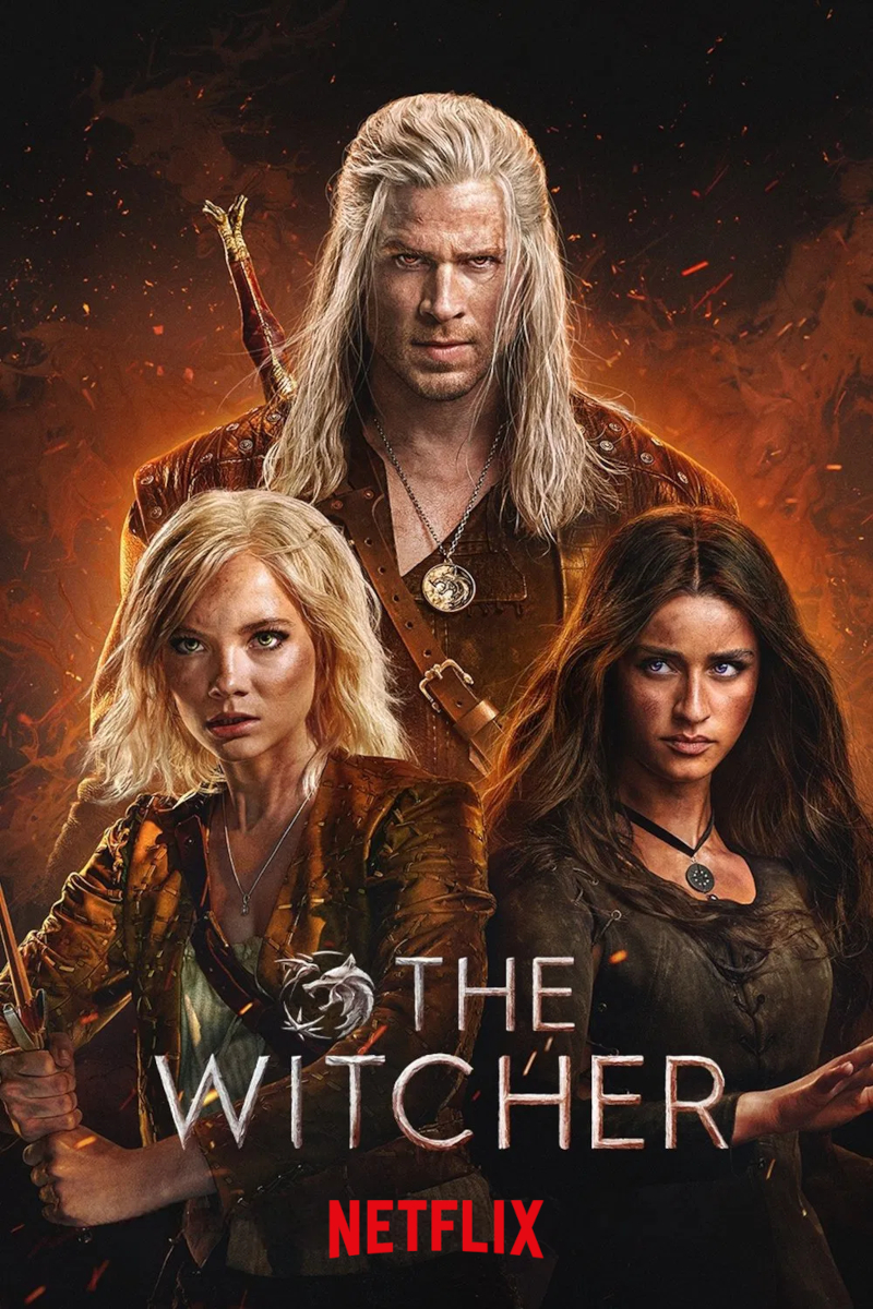 Drei Charaktere aus «The Witcher» stehen vor einem feurigen Hintergrund. Der Hauptcharakter mit weissem Haar ist im Zentrum, während zwei Frauen links und rechts von ihm stehen. Unten im Bild steht der Titel der Serie und das Netflix-Logo. Die Figuren wirken entschlossen und mystisch.