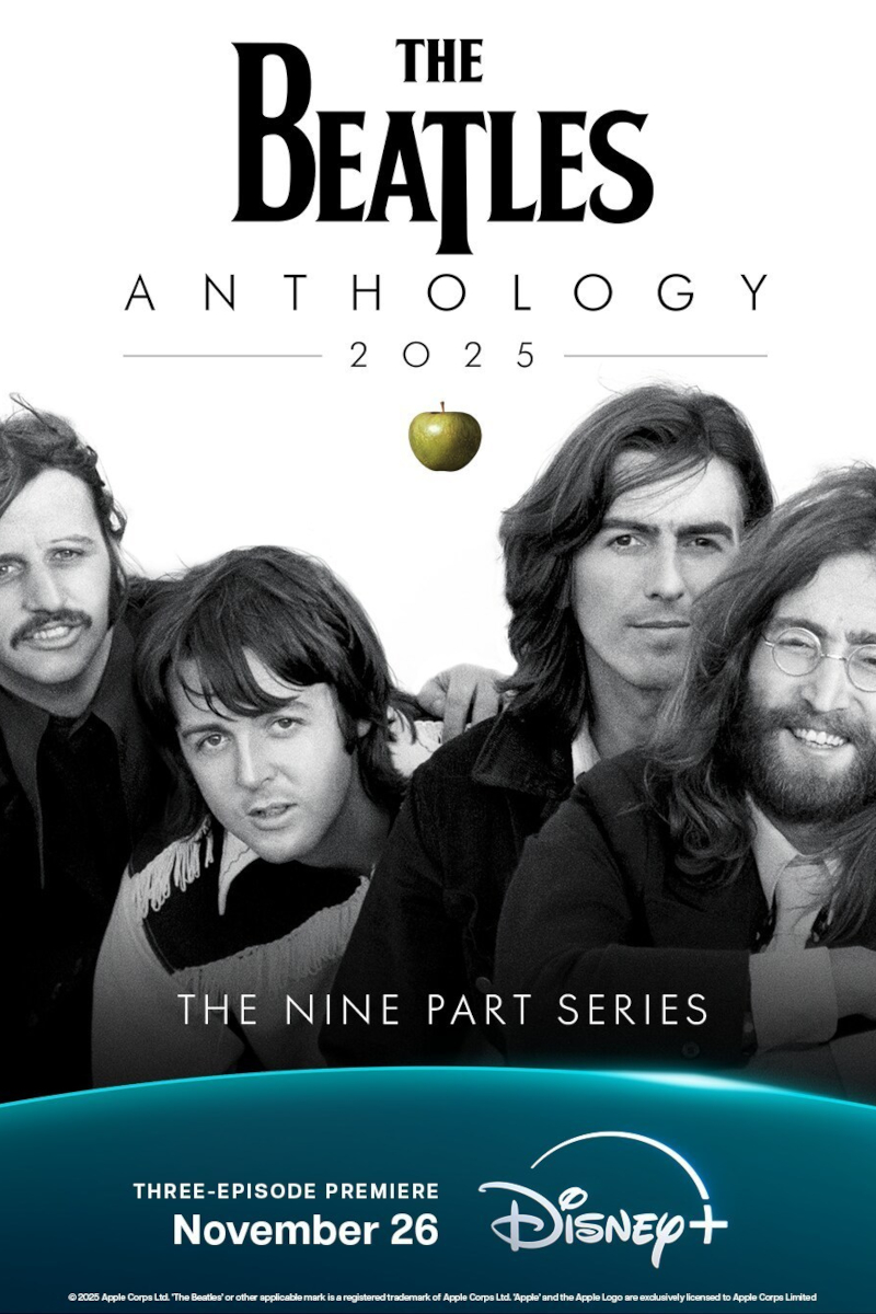 Schwarz-weisses Bild mit vier Männern, oben der Text «The Beatles Anthology 2025» und ein Apfel. Unten steht: «The Nine Part Series». Im blauen Balken darunter: «Three-Episode Premiere November 26», gefolgt vom Disney+-Logo.