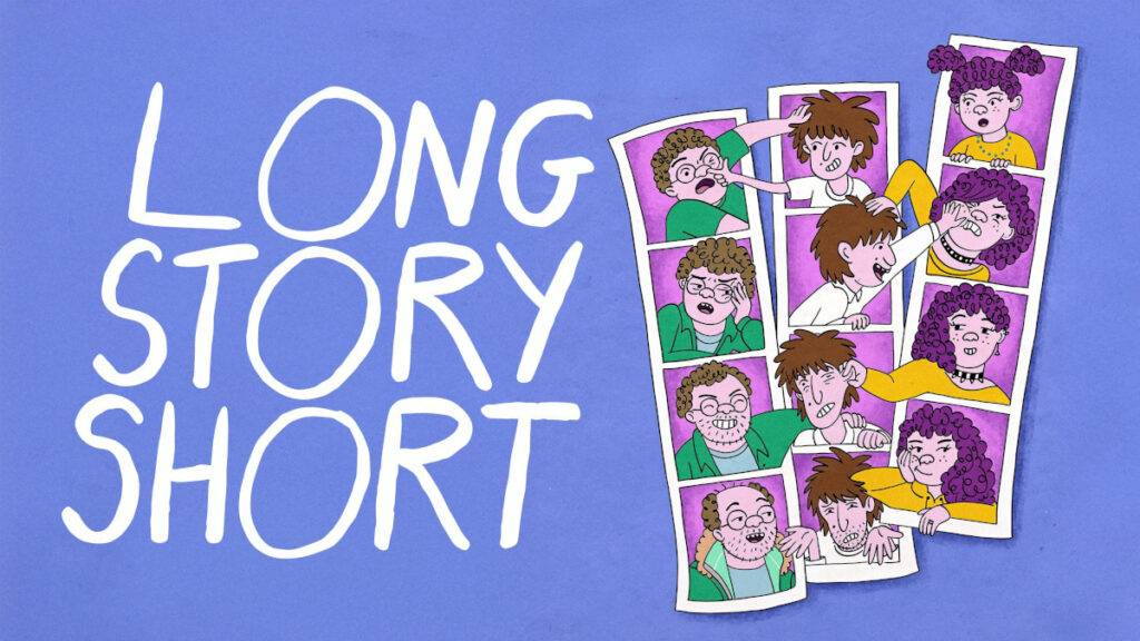 Illustration mit dem Titel «Long Story Short» auf lila Hintergrund. Rechts sind humorvolle Zeichnungen mehrerer Figuren in verschiedenen lustigen Posen, wie in einer Fotoreihe. Die Figuren zeigen lebhafte Gesichtsausdrücke, und die Farbgebung ist lebhaft.