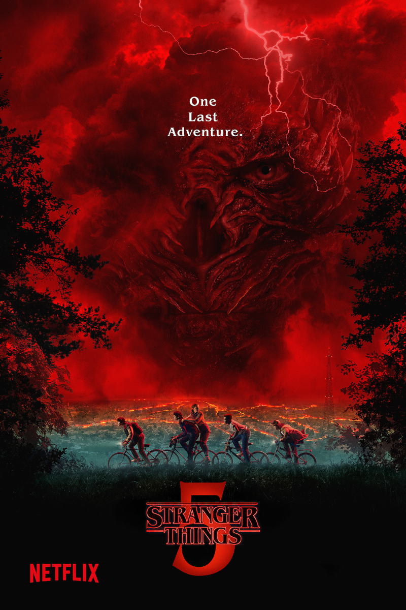 Ein rotes, bedrohliches Himmelsszenario mit einem riesigen Monster im Hintergrund. Darunter radeln fünf Personen durch eine dunkle Landschaft. Oben steht der Text: «One Last Adventure». Unten ist das Logo einer TV-Serie mit der Zahl 5 sichtbar.
