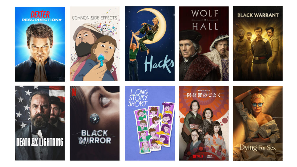 Ein Raster aus zehn TV-Serien-Postern. Die Designs variieren von Porträts über Zeichnungen bis zu Collagen, mit unterschiedlichen Schriftarten und Farben. Die Serien stammen aus verschiedenen Genres, darunter Thriller, Drama und Comedy.