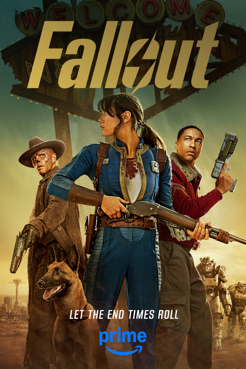 Drei Personen, bereit für einen Kampf, stehen vor einem grossen «Welcome»-Schild. Eine Frau in einer blauen Uniform hält eine Waffe, flankiert von einem Hund und zwei Männern mit futuristischen Waffen. Im Hintergrund eine Stadt und ein Roboter. Oben der Schriftzug «Fallout» und unten «Let the end times