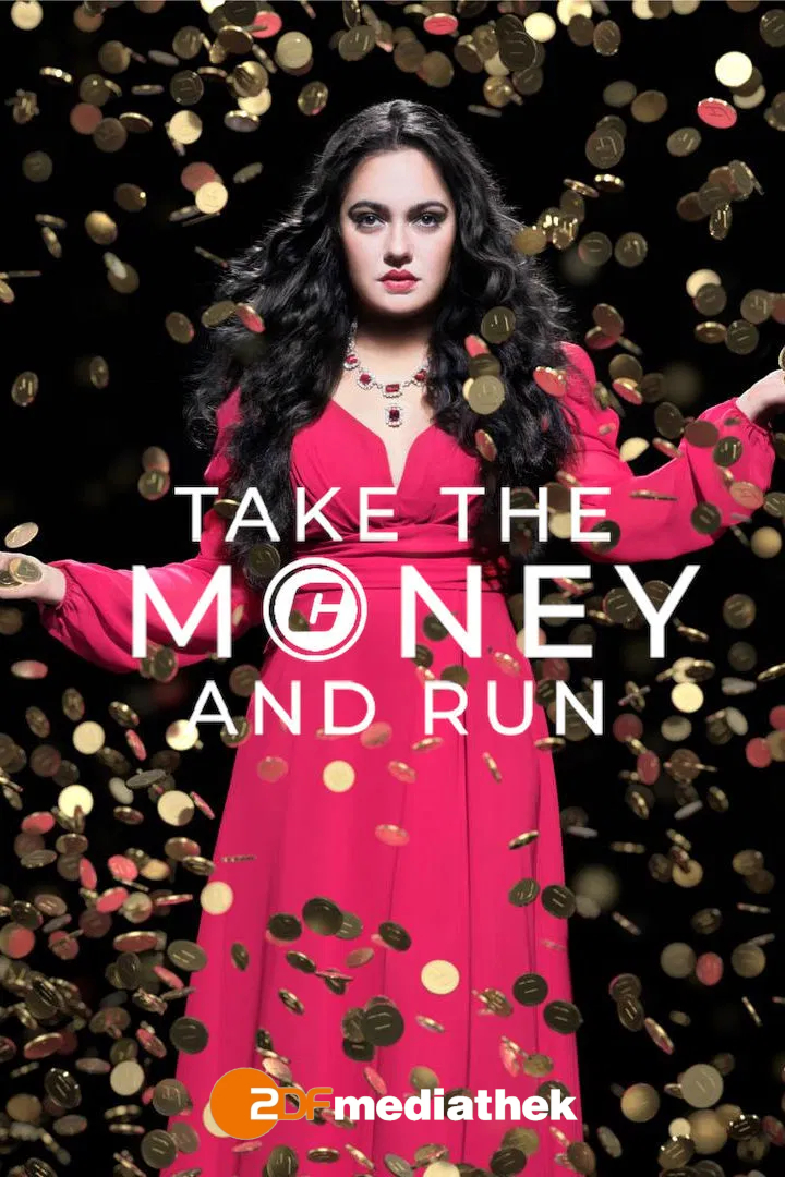 Eine Frau in einem pinken Kleid steht vor schwarzem Hintergrund. Sie trägt eine rote Halskette und hat lange, dunkle Haare. Es regnet goldene Münzen.