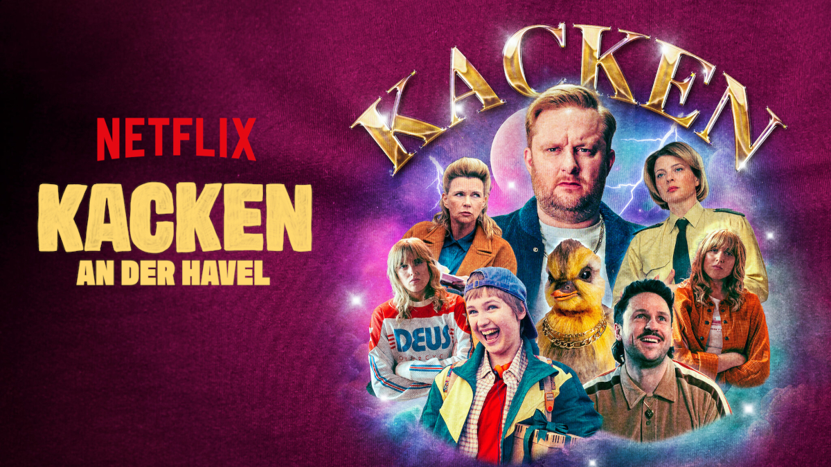 Poster für die Serie «Kacken an der Havel» mit goldenem Logo und acht Charakteren in einem leuchtenden Kreis vor violettem Hintergrund. Die Figuren tragen verschiedene Outfits, darunter ein Kostüm mit Entenkopf. Buntes, retro-futuristisches Design.