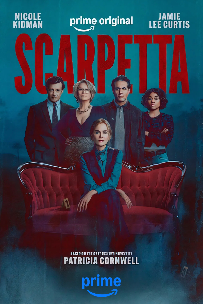 Poster der Prime-Original-Serie «Scarpetta» mit Nicole Kidman und Jamie Lee Curtis. Fünf Personen in dunkler Kleidung posieren vor türkisem Hintergrund, eine blonde Frau sitzt prominent auf einem roten Samtsofa. Basiert auf Patricia Cornwells Bestseller-Romanen.