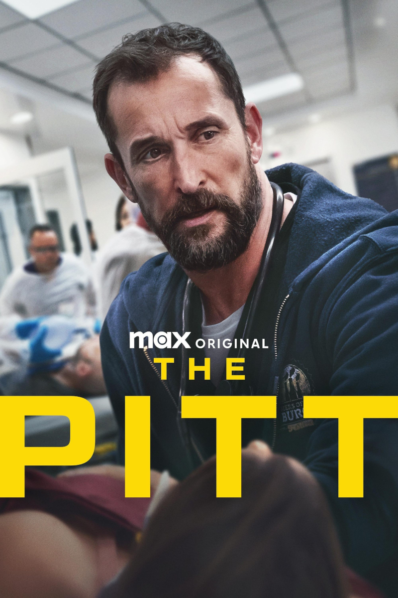 Poster für die Max Original Serie «The Pitt». Zeigt einen Mann mit Bart in blauer Jacke in einer Krankenhausumgebung. Der Serientitel ist in grossen gelben Buchstaben über das Bild gelegt. Im Hintergrund sind weitere Personen und medizinische Geräte zu sehen.