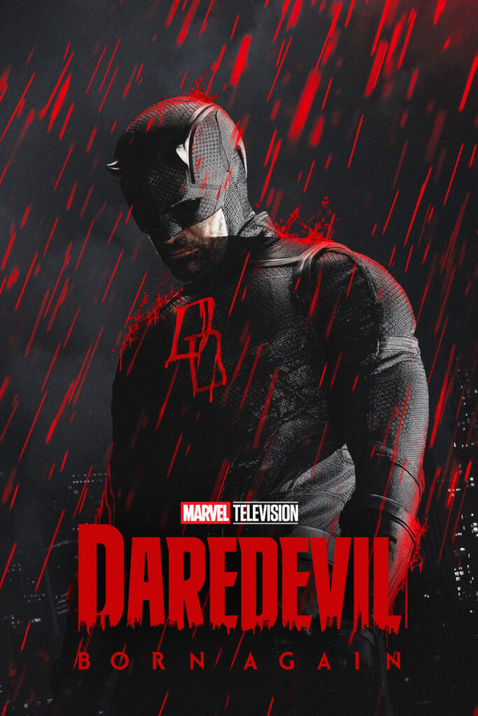 Poster der Marvel-TV-Serie «Daredevil: Born Again». Eine maskierte Figur in dunklem Kostüm steht im dramatischen roten Regen. Der Titel «DAREDEVIL» prangt in grossen roten Lettern am unteren Bildrand, darüber das Marvel Television-Logo.