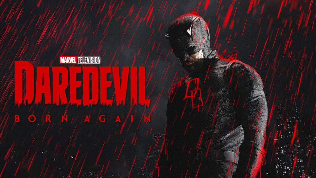 Poster der Marvel-Serie «Daredevil: Born Again». Zeigt eine maskierte Figur in dunklem Kostüm mit roten Akzenten vor dramatischem rotem Regenhintergrund. Links der Serientitel in grosser roter Schrift mit Marvel Television Logo.