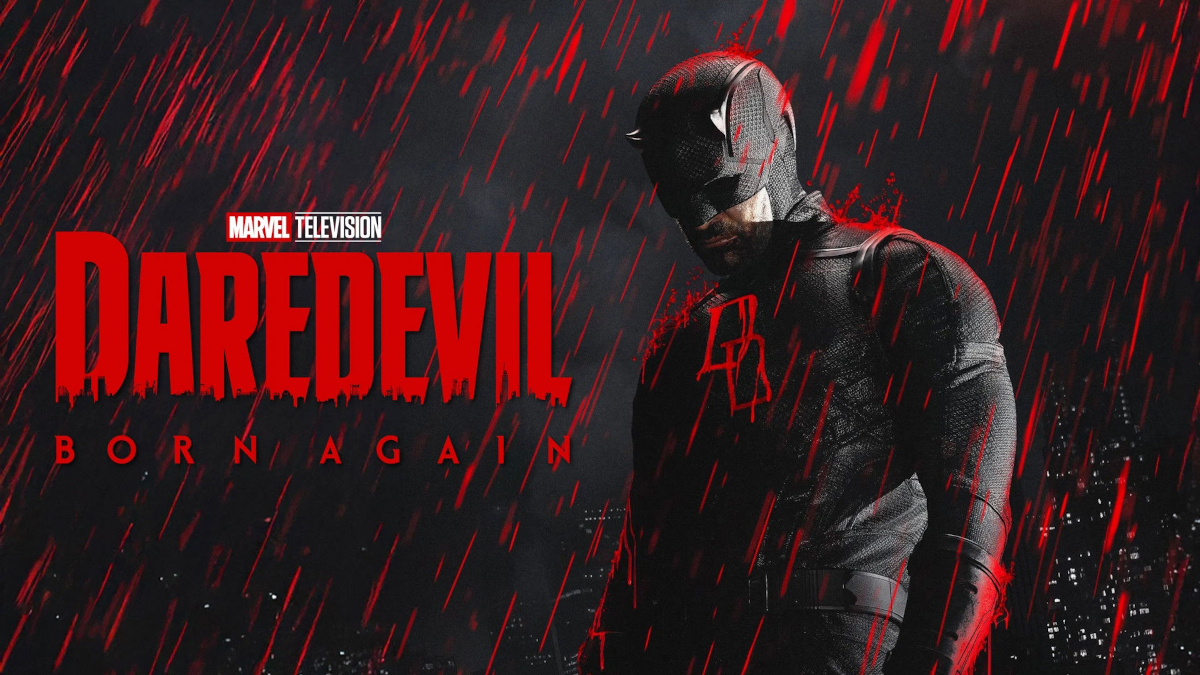 Poster der Marvel-Serie «Daredevil: Born Again». Zeigt eine maskierte Figur in dunklem Kostüm mit roten Akzenten vor dramatischem rotem Regenhintergrund. Links der Serientitel in grosser roter Schrift mit Marvel Television Logo.