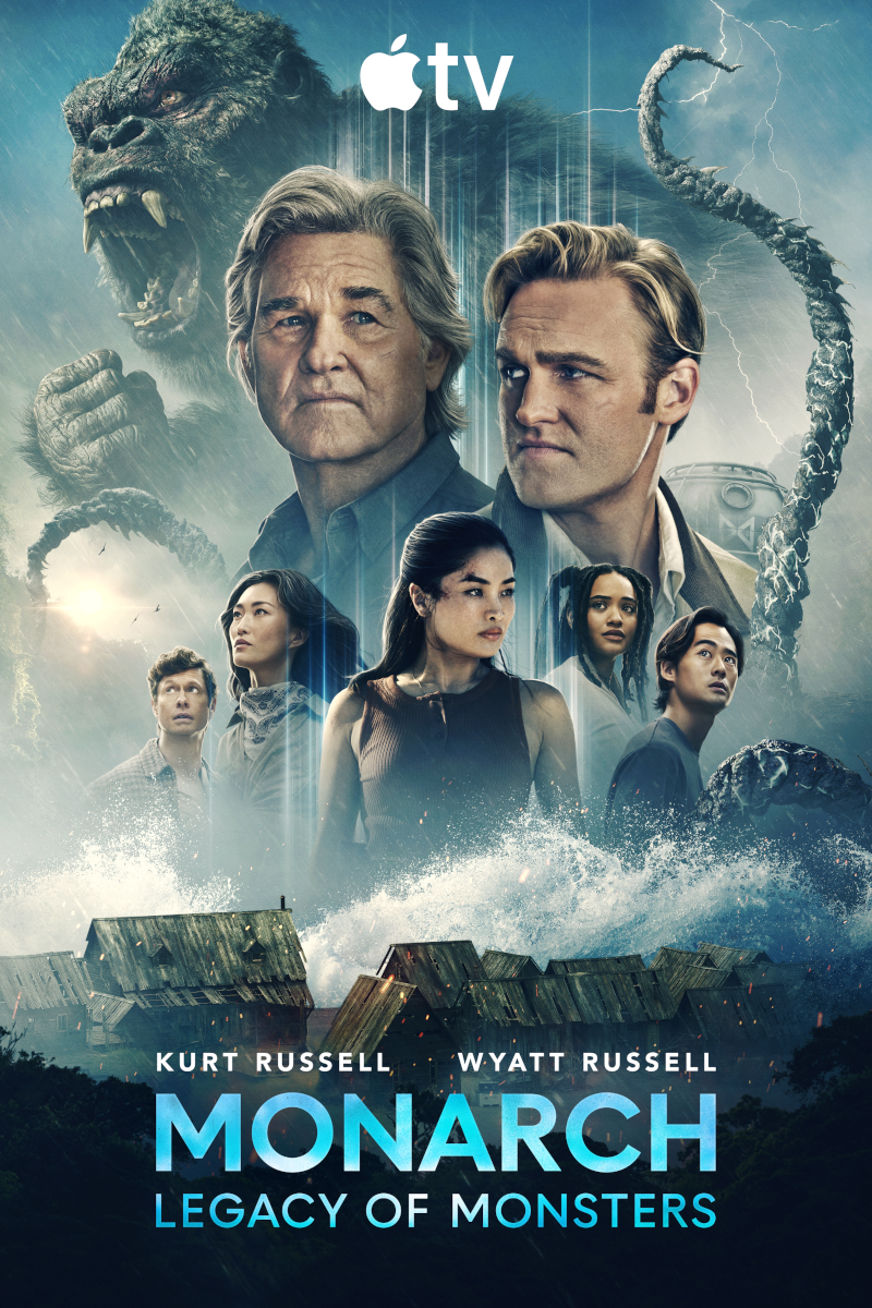 Poster für «Monarch: Legacy of Monsters» auf Apple TV. Zeigt die Hauptdarsteller Kurt Russell und Wyatt Russell im Vordergrund, weitere Castmitglieder darunter. Im Hintergrund sind riesige Monster wie King Kong und Tentakel zu sehen, sowie eine überflutete Stadt.