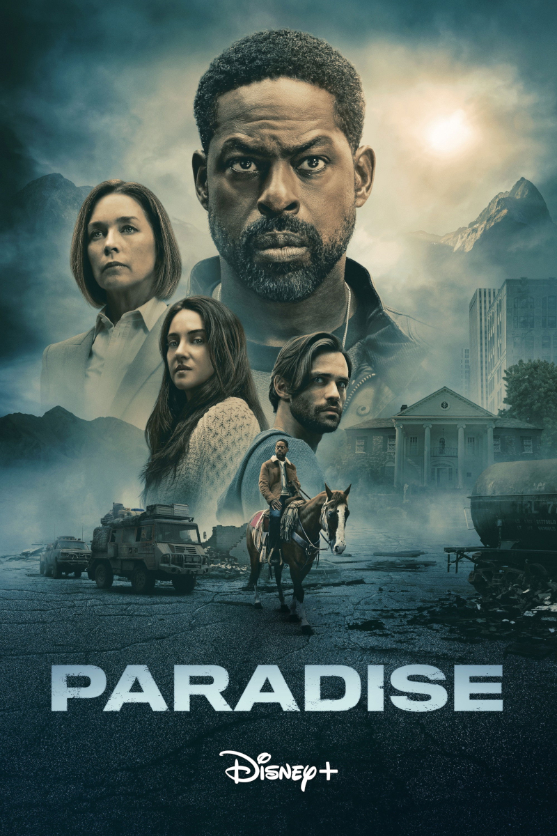 Poster für die Disney+-Serie «Paradise». Zeigt mehrere Personen vor dramatischem Himmel, darunter einen Mann im Vordergrund und eine Frau links. Unten sieht man eine Person zu Pferd in einer postapokalyptischen Landschaft mit zerstörten Fahrzeugen und Gebäuden.