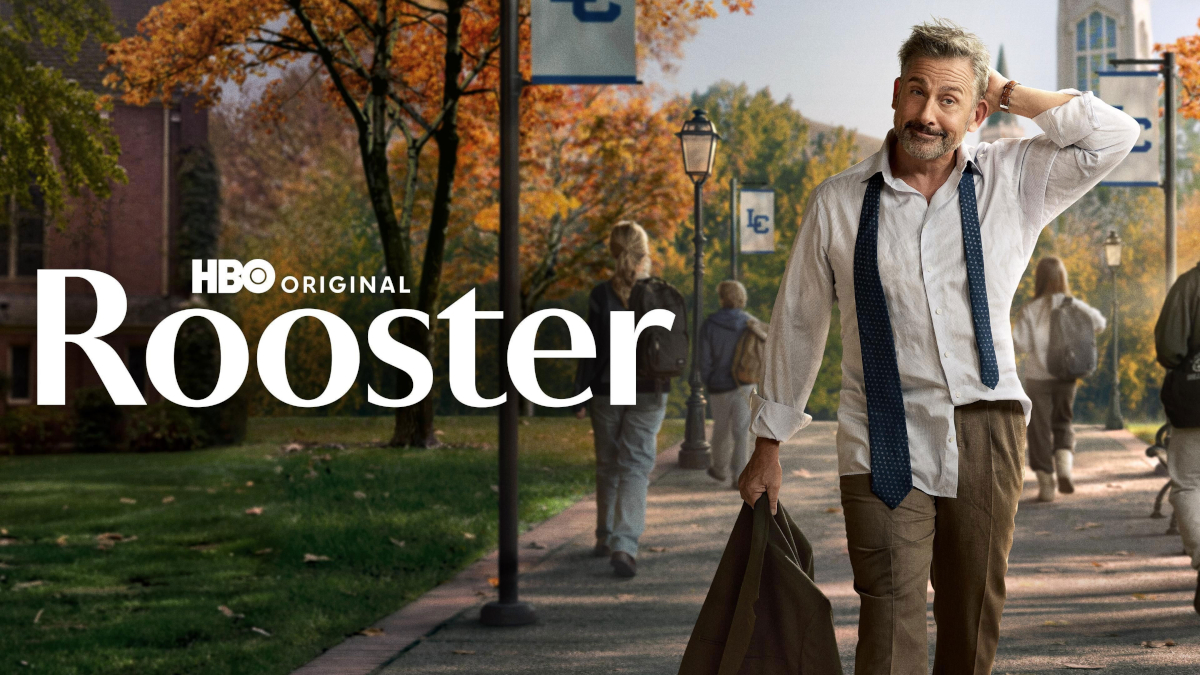 Ein Mann in weissem Hemd und blauer Krawatte steht verwirrt auf einem herbstlichen Universitätscampus. Er hält eine braune Jacke und kratzt sich am Kopf. Links im Bild steht «HBO Original Rooster» in weisser Schrift.