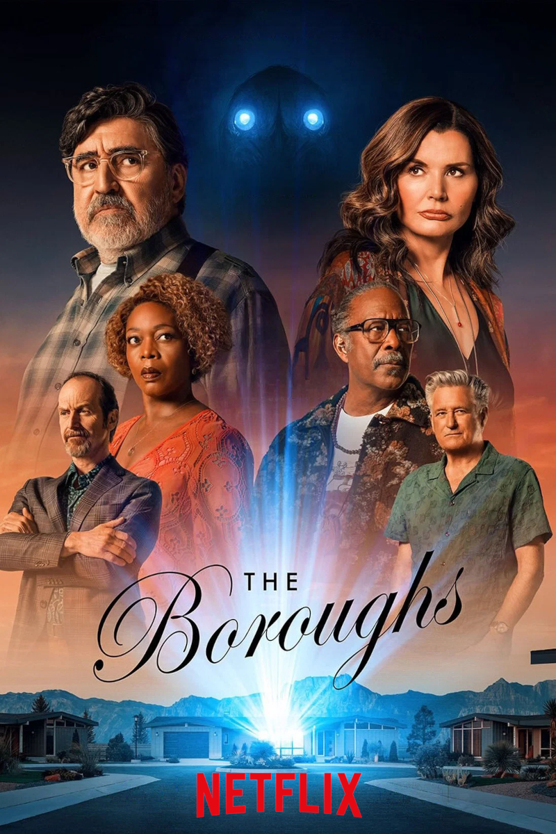 Poster für die Netflix-Serie «The Boroughs». Sechs Schauspieler:innen sind vor einem dramatischen Himmel mit mysteriösen blauen Lichtern arrangiert. Im Hintergrund eine Vorstadtstrasse mit modernen Häusern. Das Netflix-Logo ist unten platziert.