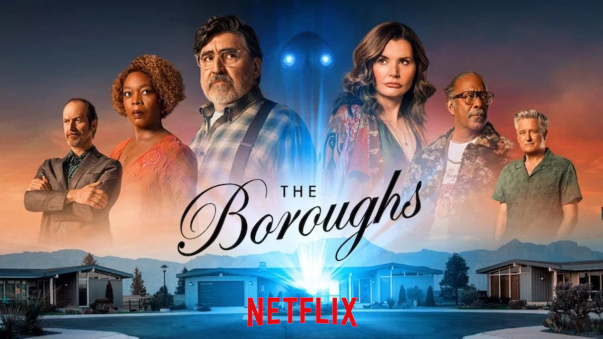 Poster für die Netflix-Serie «The Boroughs». Sechs Schauspieler:innen stehen vor einer dramatischen Himmelsszenerie mit mysteriösen blauen Lichteffekten über einer Vorstadt-Siedlung. Das Netflix-Logo ist prominent in roter Schrift am unteren Bildrand platziert.