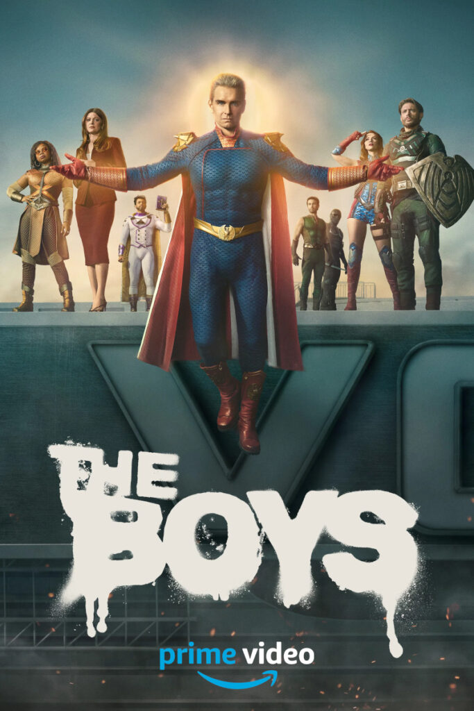 Poster für die Amazon Prime Video Serie «The Boys». Im Zentrum steht eine Superman-ähnliche Figur in blauem Kostüm mit rotem Umhang, umgeben von anderen Superhelden-Charakteren. Der Serientitel erscheint in weisser, tropfender Schrift über dem Prime Video Logo.