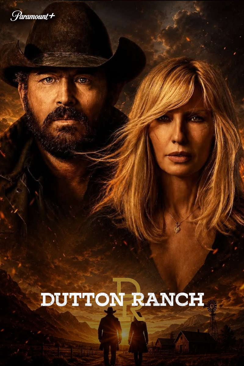 Poster der Serie «Dutton Ranch» von Paramount+. Zeigt einen Mann mit Cowboyhut und Bart sowie eine blonde Frau vor dramatischem, feurigem Hintergrund. Unten sind Silhouetten von zwei Personen bei Sonnenuntergang mit Windmühle zu sehen.