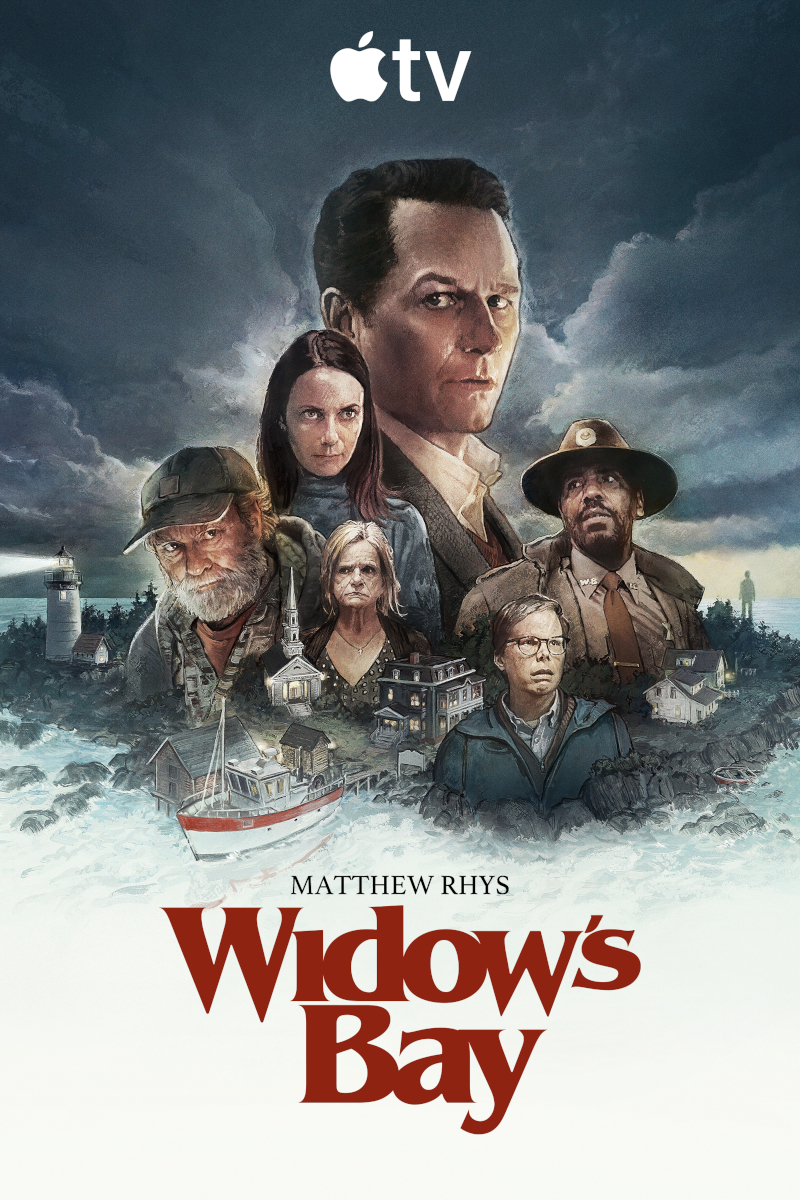 Poster für die Apple-TV-Serie «Widows Bay» mit Matthew Rhys. Das dramatische Artwork zeigt mehrere Charaktere vor einer stürmischen Küstenlandschaft mit Leuchtturm, Kirche und Fischerboot. Die düstere Atmosphäre deutet auf ein Mystery-Drama in einer Kleinstadt hin.
