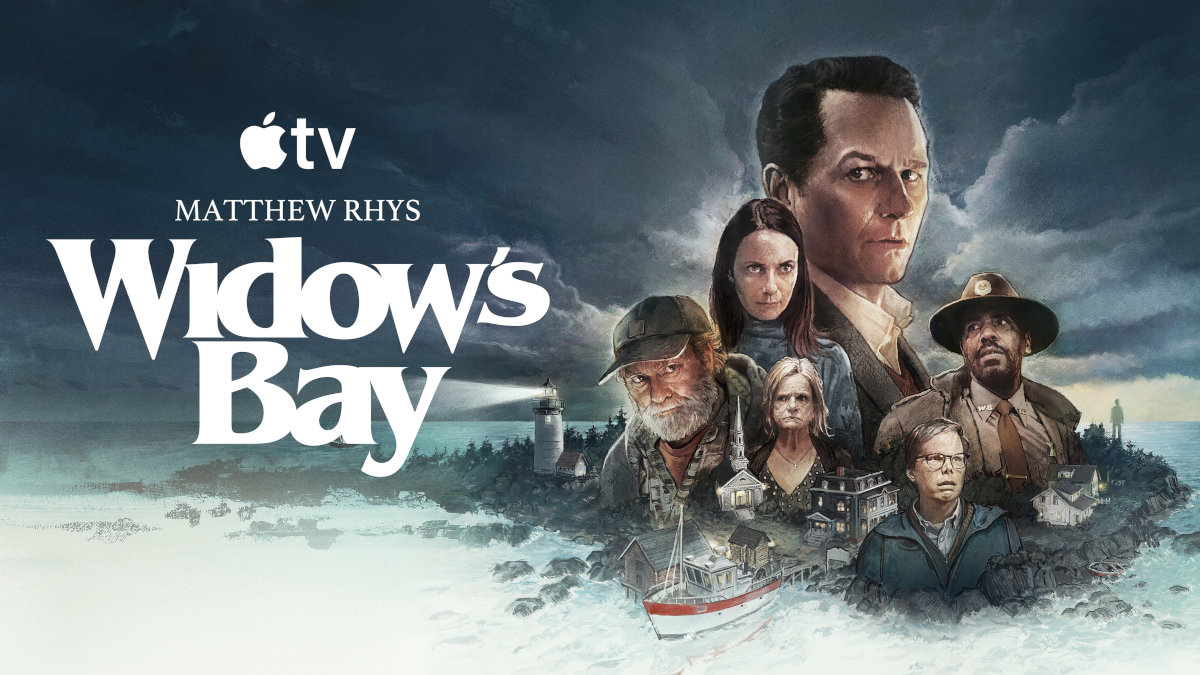 Poster für die Apple-TV-Serie «Widow's Bay» mit Matthew Rhys. Zeigt mehrere Charaktere vor dramatischem Himmel, darunter einen Mann im Vordergrund, eine Frau, einen bärtigen Mann und weitere Personen. Im Hintergrund sind ein Leuchtturm, Häuser und ein Boot zu sehen.
