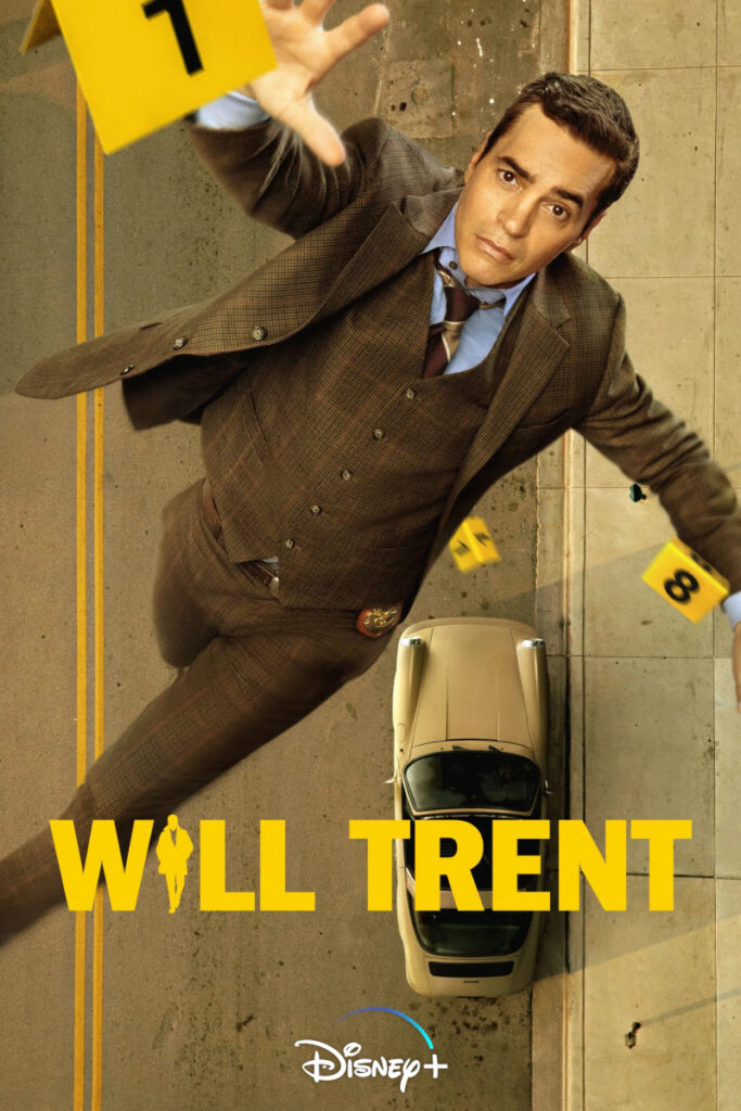 Poster für die Disney+ Serie «Will Trent». Ein Mann in braunem Anzug liegt neben einem gelben Auto auf Asphalt. Um ihn herum sind gelbe Beweismarkierungen einer Tatortuntersuchung zu sehen. Der Serientitel steht in gelben Buchstaben am unteren Bildrand.