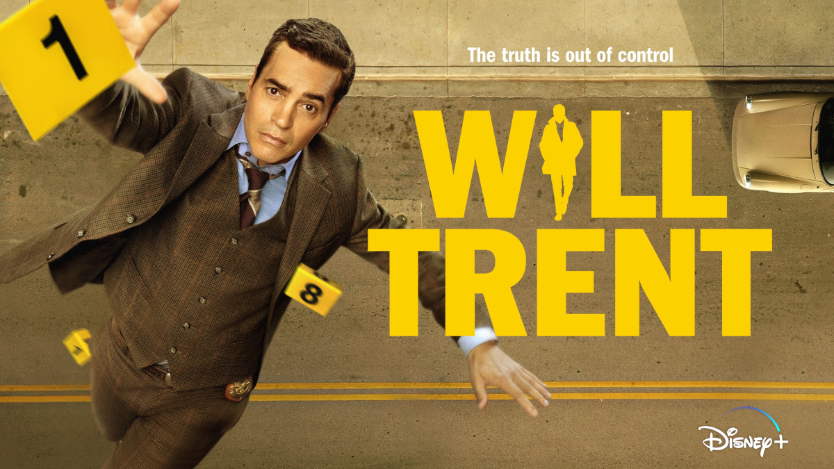 Poster für die Disney+ Serie «Will Trent». Ein Mann in grauem Anzug liegt auf Asphalt, umgeben von gelben Beweismarkern. Der Titel «Will Trent» ist in gelben Grossbuchstaben zu sehen, darüber der Text «The truth is out of control». Unten rechts das Disney+ Logo.