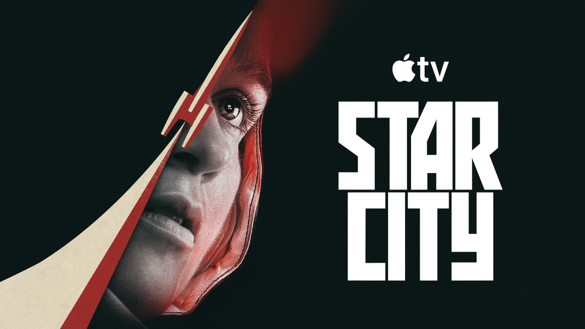 Keyvisual der Apple-TV-Serie «Star City»: Ein Gesicht einer Person, teils verdeckt durch ein rot-weisses geometrisches Element, vor schwarzem Hintergrund. Rechts das Apple-TV-Logo und der Serientitel.