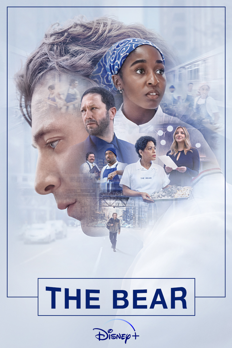 Poster der Serie «The Bear» auf Disney+. Eine Collage zeigt mehrere Personen, darunter Köchinnen und Köche in weissen Kitteln. Im Vordergrund ein Männerprofil, daneben eine Frau mit blauem Haarband.