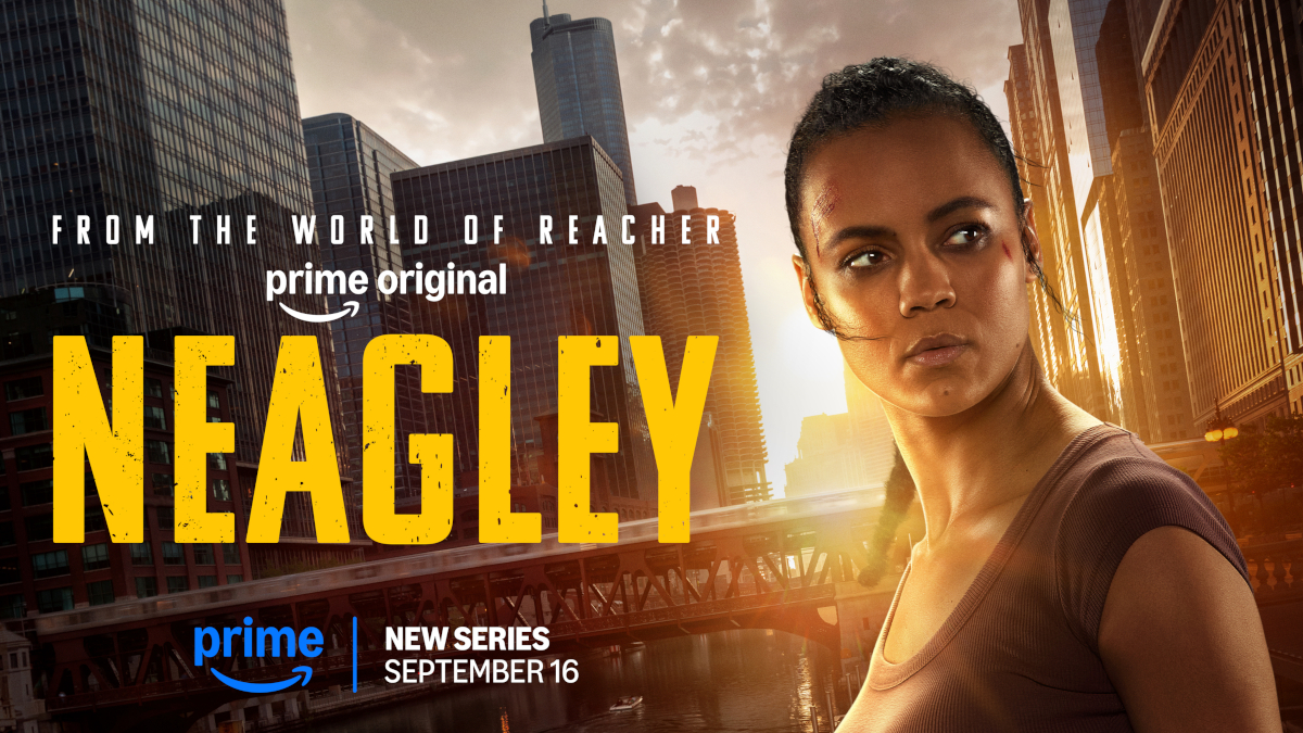 **Alt-Text:** Serienplakat «Neagley» (Prime Original, ab 16. September): Eine Frau mit Kampfspuren im Gesicht steht entschlossen vor einer Stadtkulisse im Gegenlicht. Spin-off der Amazon-Serie «Reacher».